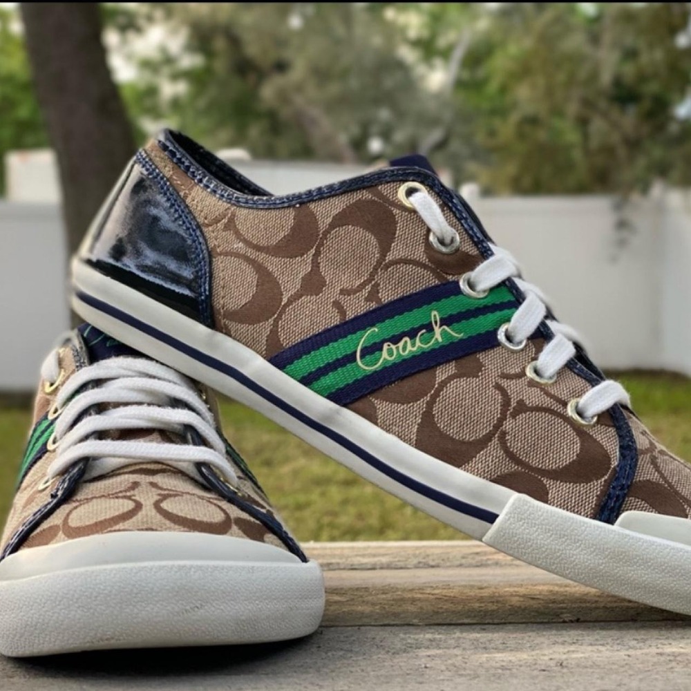 Coach Signature Monogram Low Top Sneakers Khaki Green Blue Stripe Canvas Shoes